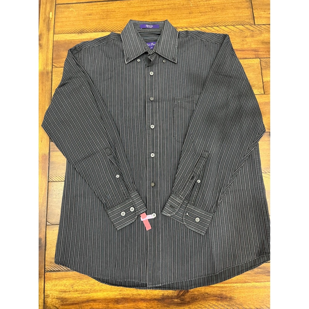 Alan Flusser Button Down Shirt Mens Size M Black Striped‎ Excellent Long Sleeve